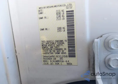 2012 Nissan Maxima 3.5 Sv из США, поврежденный, VIN 1N4AA5AP9CC831208